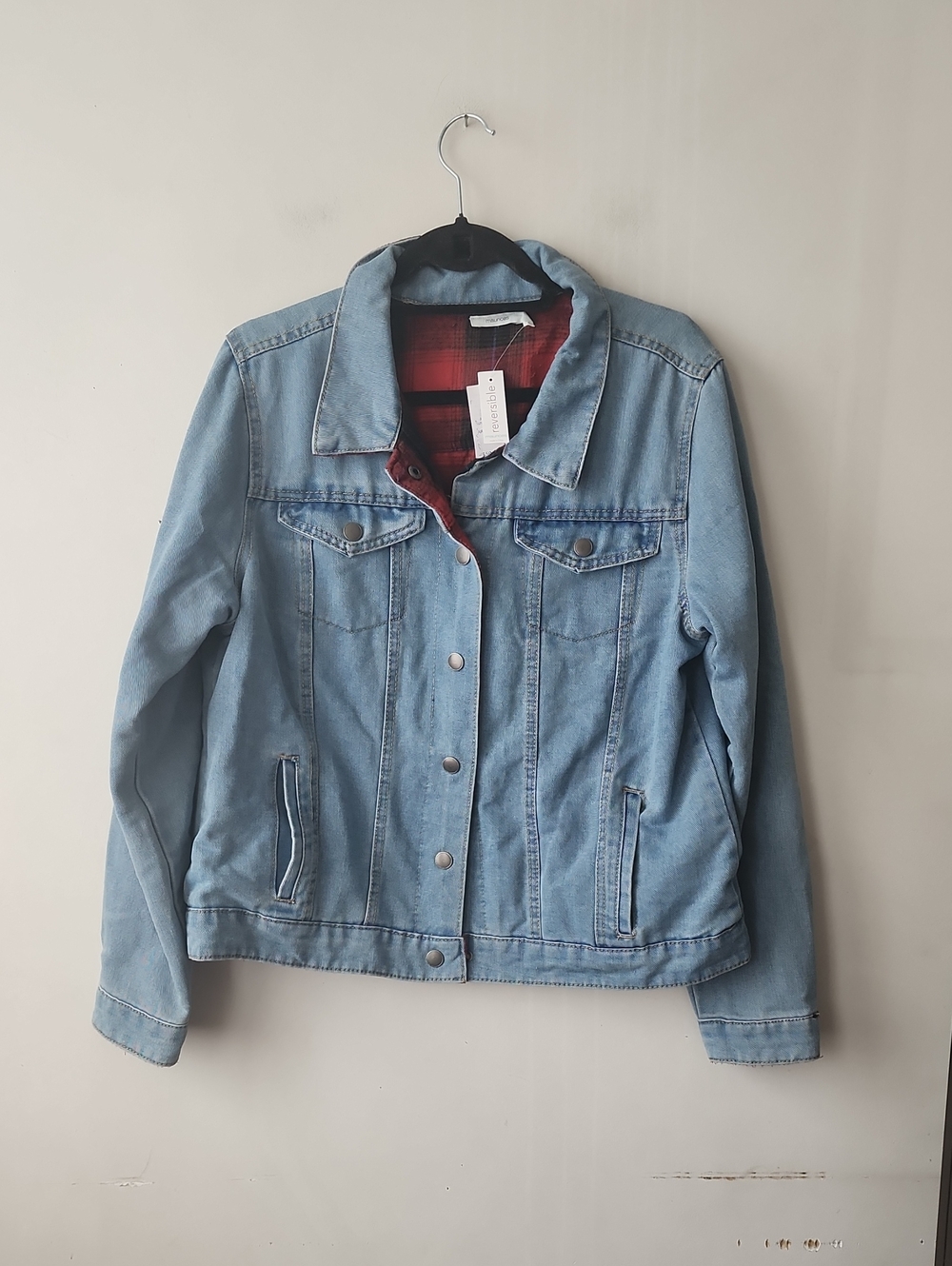 Maurices Light Blue Denim Jacket with Red Plaid Lining. Reversible